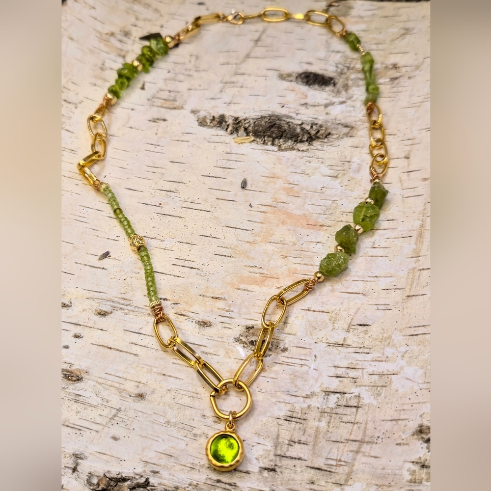 Nature's Peridot In Freeform In An Assymetrical Design With Paperclip Necklace